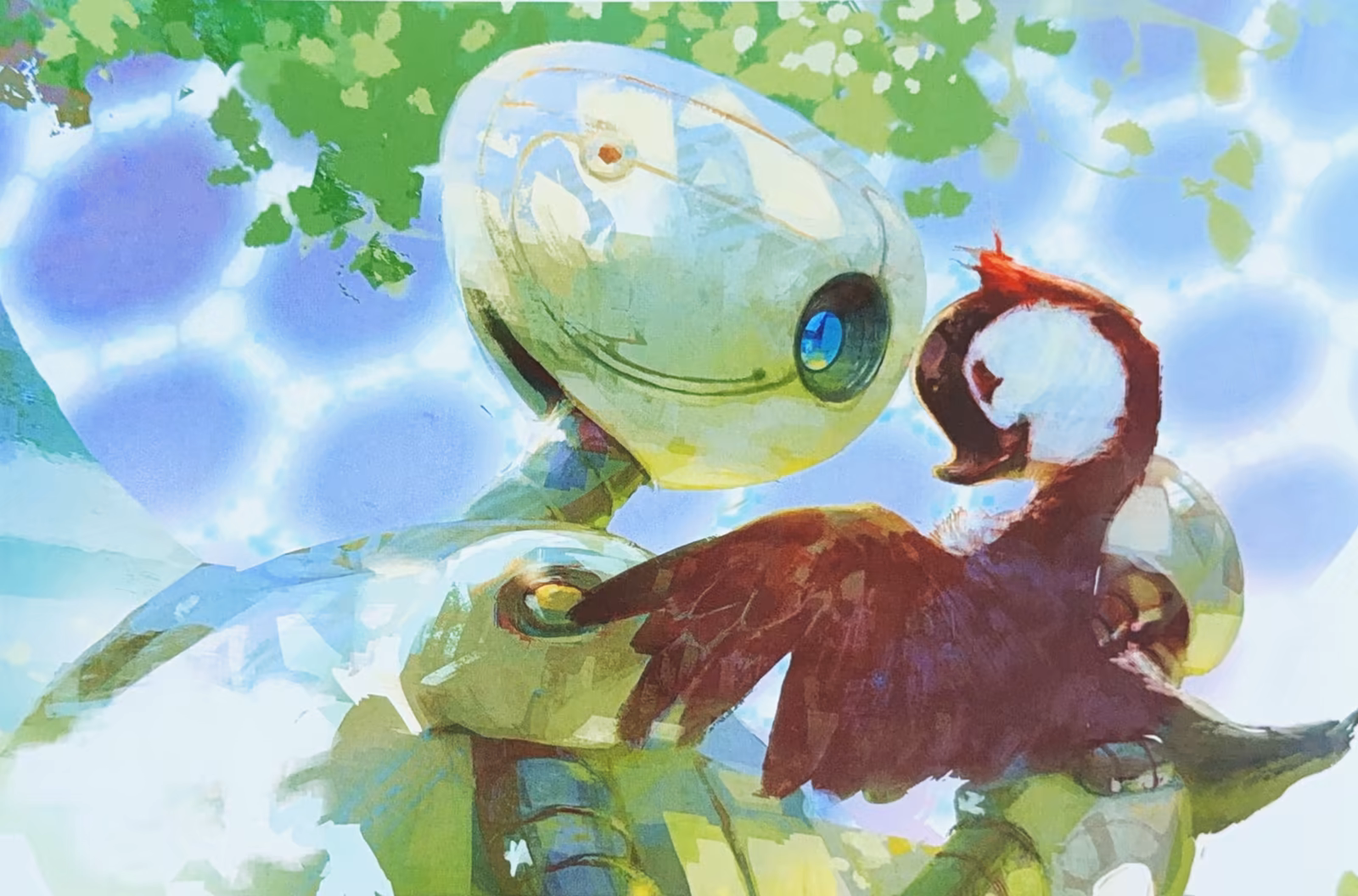 An illustrated robot gently holding a gosling in a sunlit forest